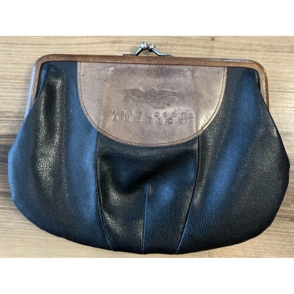 Perry Ellis America Vintage Black Brown Leather Kiss Lock Clutch Wallet Bag